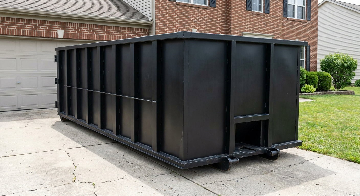 Matte-black 20-yard roll-off container on a Cary residential concrete driveway with reinforced ribbed steel sidewalls and a hinged rear walk-in door, clean bright daylight.